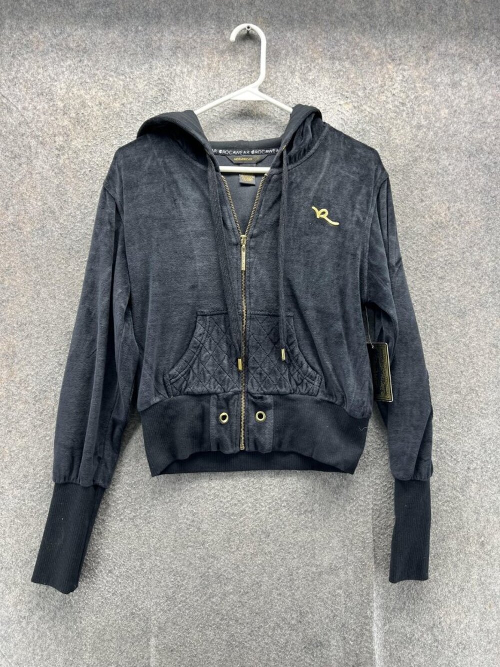 Rocawear Hoodie Womens XL Black Velour Cropped Full Zip Quilted Drawstring Y2K